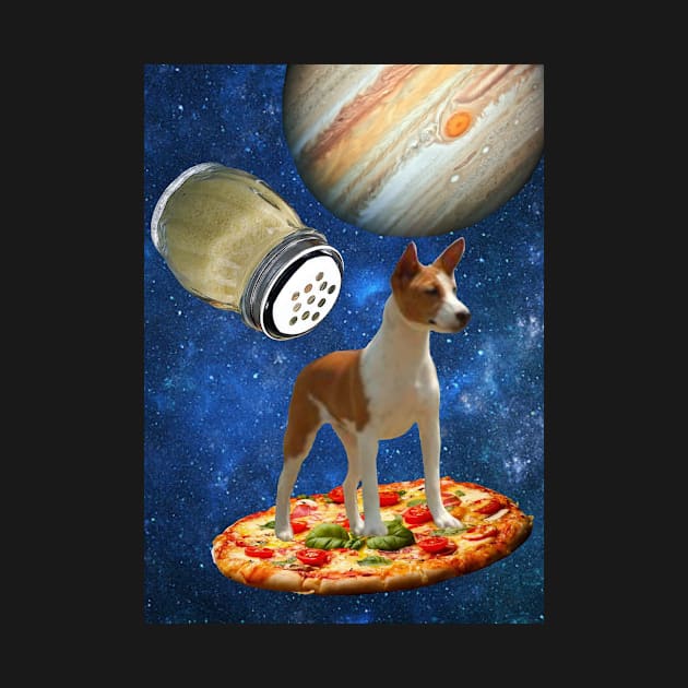 Terrier Dog Riding A Freshly Made Pizza Under The Moon Of Jupiter Being Chased By A Parmeson Shaker by Courage Today Designs