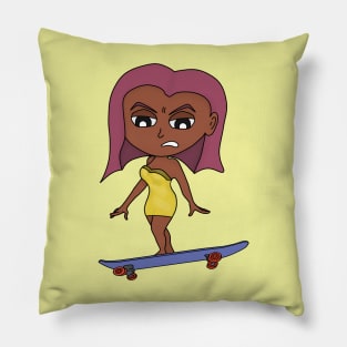 Girl in yellow dress skateboarding Pillow