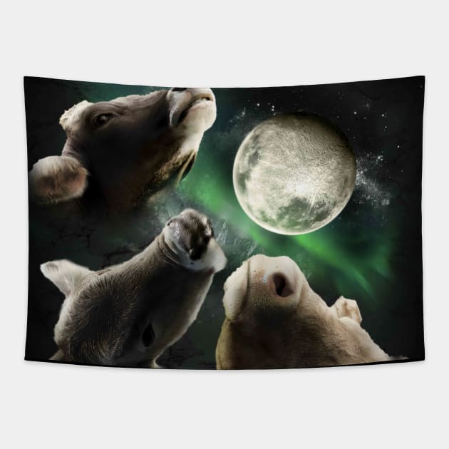 3 Cow Moon, Wolf Cows, Wolves Howling Tapestry by Random Galaxy