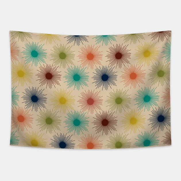 Mid Century Modern Multicolor Sunburst Pattern in Mid Mod Teal, Mustard, Olive, Orange, and Beige Tapestry by KierkegaardDesignStudio