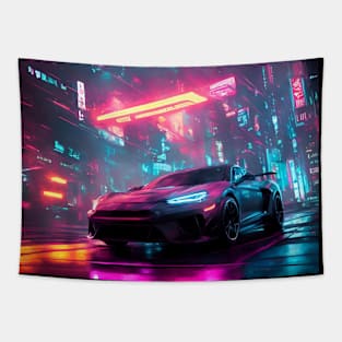 Dark Neon City Sports Car Tapestry