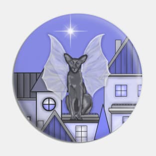 Winged cat. Dragon wings.Night city.Purple Pin