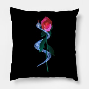 Blue Silver Serpent with Red Rose Pillow