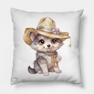 Gray Wolf in Straw Hat Pillow