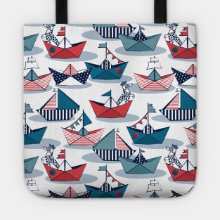 Origami dog day at the lake // pattern // white background red teal and blue origami sail boats with cute Dalmatian Tote