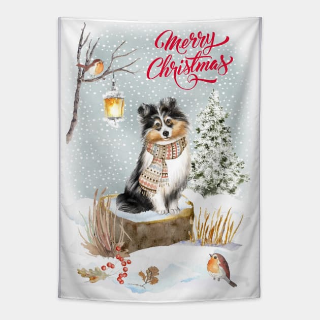 Shetland Sheepdog Merry Christmas Santa Dog Tapestry by Puppy Eyes