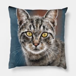 Contemporary Painting of a Gray Cat with Black Stripes and Yellow Eyes Pillow