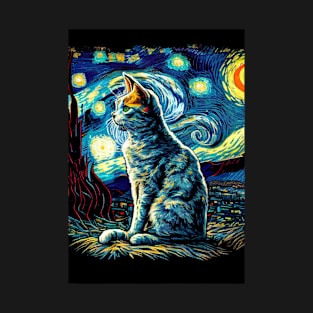 Cool Cat Portrait - Van Gogh The Starry Night Style T-Shirt