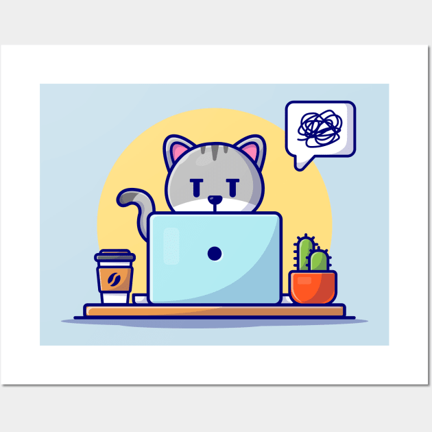 Cute Cat Working On Laptop With Coffee Cup Cartoon Vector Icon