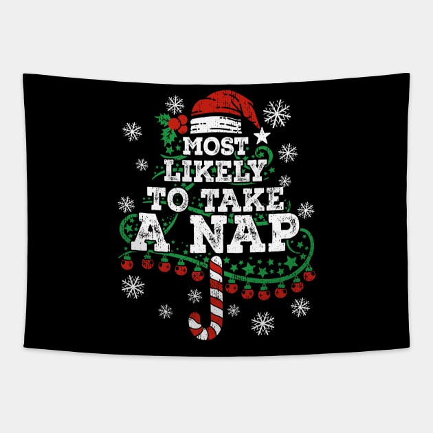 Most Likely To Take A Nap Funny Christmas Vintage Tapestry by PunnyPoyoShop
