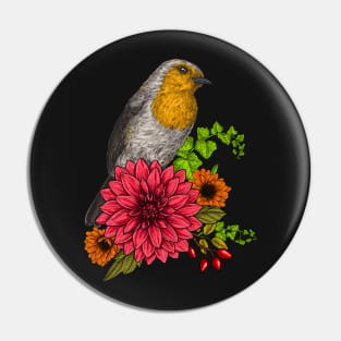 Robin on bouquet of flowers Pin