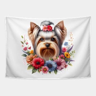 A yorkshire terrier with beautiful colorful flowers Tapestry