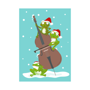 Three funny frogs playing the double bass in Santa hats T-Shirt
