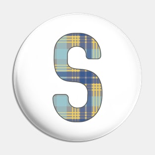 Monogram Letter S, Blue, Yellow and Grey Scottish Tartan Style Typography Design Pin