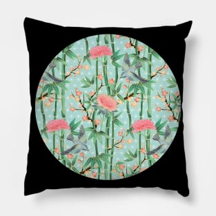 Bamboo, Birds and Blossom - soft blue green Pillow