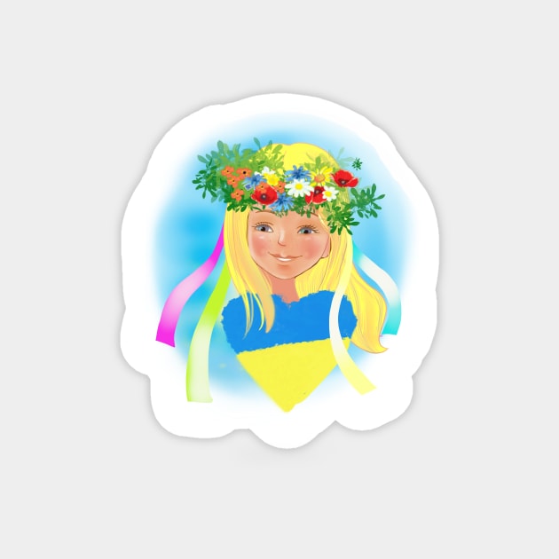 Ukrainian girl in a wreath with a heart in the colors of the flag of Ukraine. Peace to Ukraine Magnet by sonaart