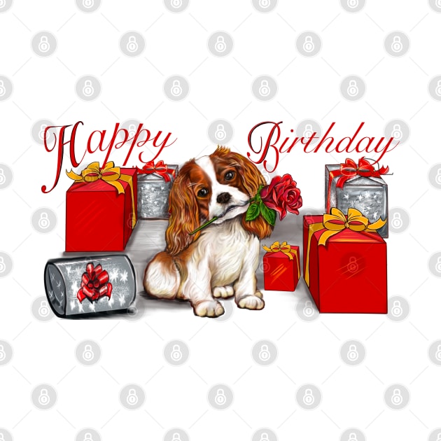 Happy birthday Cavoodle puppy dog with rose in its mouth surrounded by gifts. Cavapoo birthday by Artonmytee