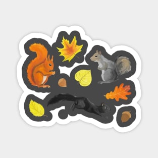 Cute squirrels in a forest pattern: red, black, and gray on a green background Magnet