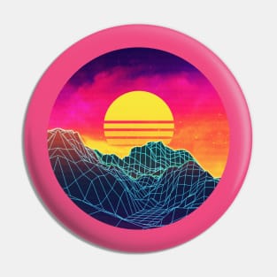 Neon glowing sun grid mountain Pin