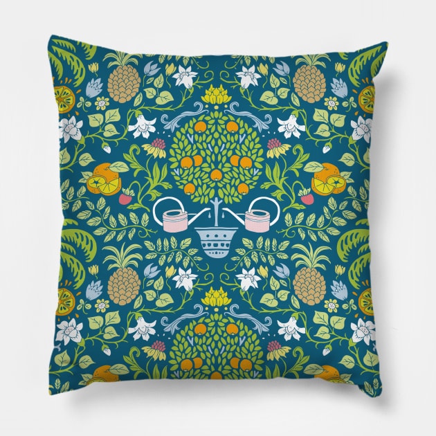 colorful orange tree and palm garden damask on blue Pillow by colorofmagic