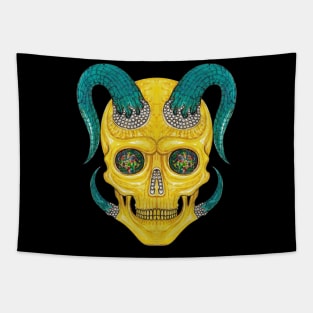 Demon skull set with diamond opal turquoise and gold. Tapestry