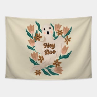 Cute Boho Floral Halloween Boo Ghost Tapestry