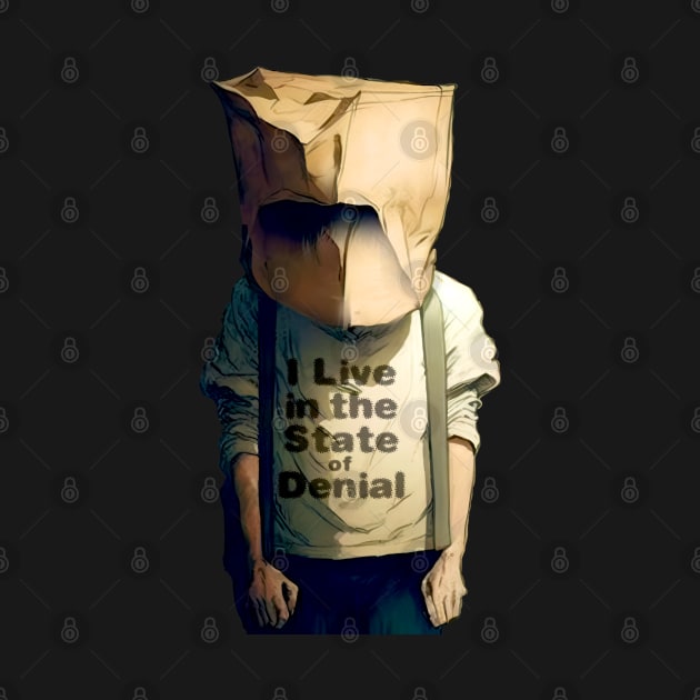 I Live in the State of Denial No. 3: A Person with a Paper Bag over His Head on a dark background by Puff Sumo