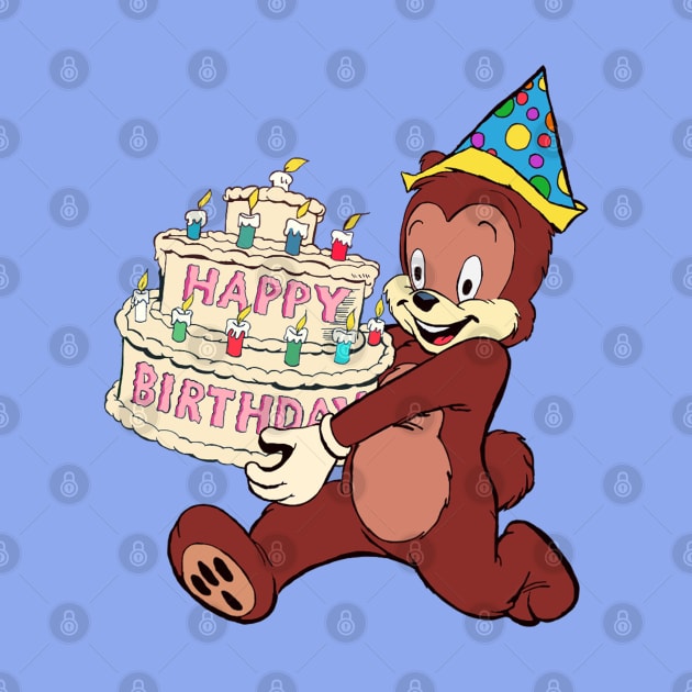 A Happy Bear Wearing A Party Hat and Carrying A HUGE Birthday Cake by Souvenir T-Shirts