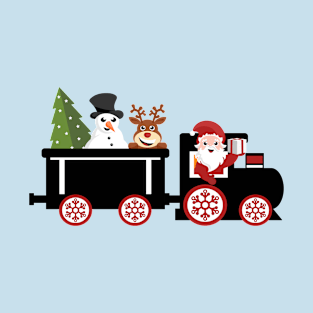 Santa Claus driving locomotive with snowman and reindeer in the wagon T-Shirt