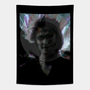 Portrait, digital collage and special processing. Man, like in night dreams. Demon. Desaturated, some colors. Tapestry