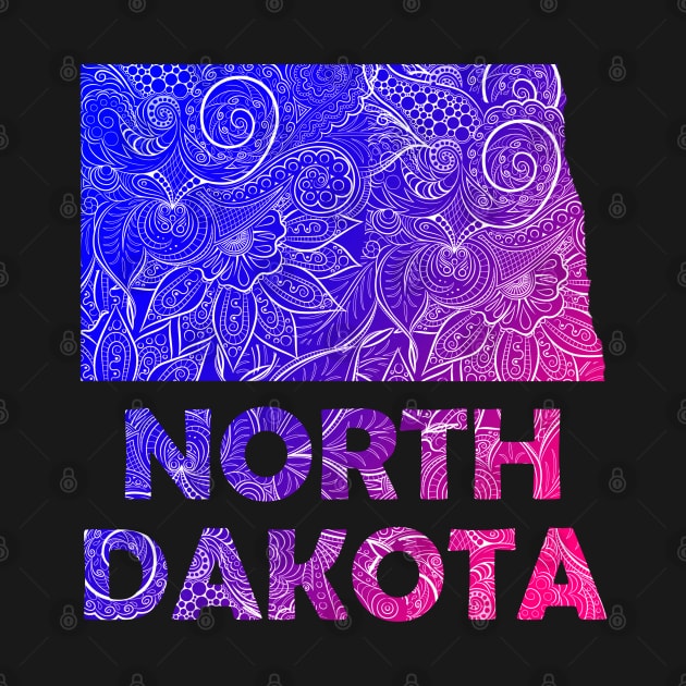 Colorful mandala art map of North Dakota with text in blue and violet by Happy Citizen