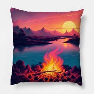 80s Style A Camping Fire in a Beautiful Beach Sunset Retro Vintage Travel Artwork Pillow