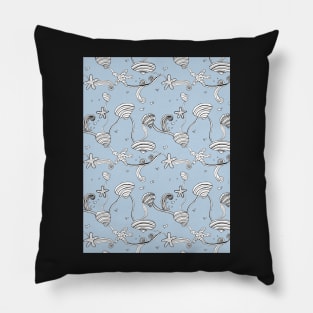 Whimsical Sea Shell Pattern in Black and White Pillow