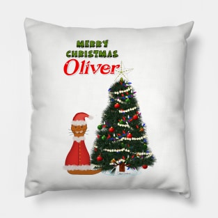 Oliver Dressed as Santa by His Christmas Tree Pillow