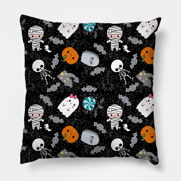 Spoopy Halloween Pattern - Mummy, Ghost, Tombstone Pillow by Wanderer Bat