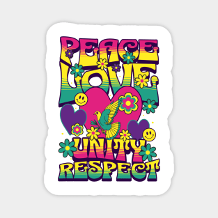 PEACE LOVE UNITY RESPECT - 60's steez (yellow/pink) Magnet