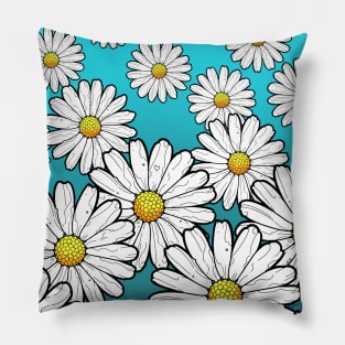 daisies floral pattern on a turquoise sky background Pillow