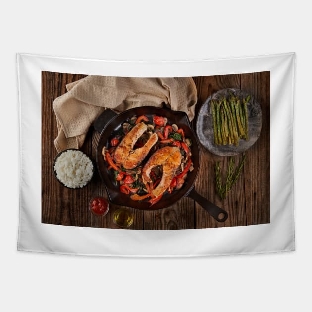 Salmon with vegetables cooked in a cast iron skillet Tapestry by naturalis