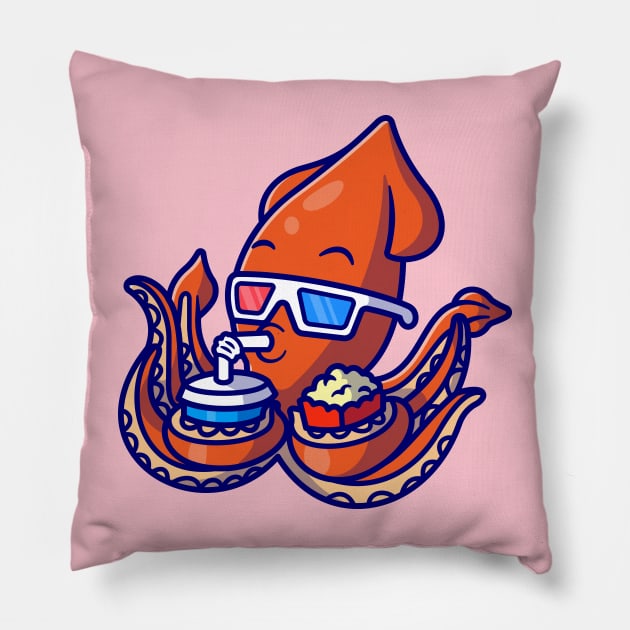 Cute Squid Watching Movie With Popcorn And Drink Cartoon Pillow by Catalyst Labs