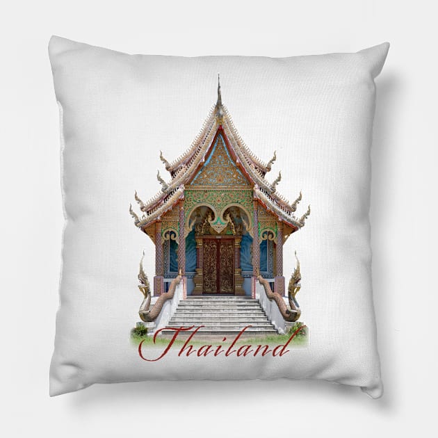 Typical traditional Thai Buddhist temple frontage with the word 'Thailand' written below. Pillow by Earthworx