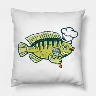 illustration of a fish wearing a chef's hat and holding a spatula Pillow