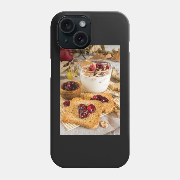 autumnal food background with milk, cereal, rusks and wildberries jam, cornflakes Phone Case by graphic3000