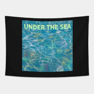 under the sea,blue sea,sea creatures,Turtle, puffer fish, starfish, shrimp, shark, tropical fish, sea horse, seaweed, sardines, squid, crabs, clams Tapestry