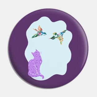 Camouflage Purple Cat Watching Birds Silhouette Art Pin