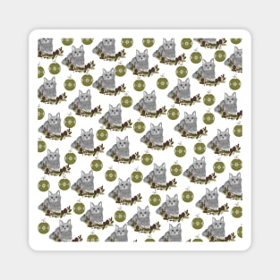 Grey Cat Pattern with Green Ornaments in White Background Magnet