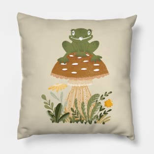 Cute Cottagecore Goblincore Frog Sat on a Forest Mushroom Pillow