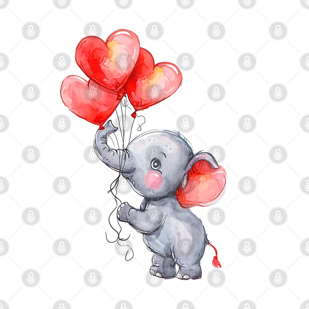 Valentine Elephant Holding Heart Shaped Balloons by Chromatic Fusion Studio