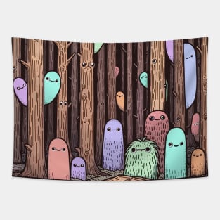 Spooky woods with cute creepy creatures - Haunted Forest Colorful Creatures Tapestry