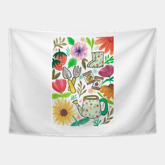 Gardening tools and flowers Tapestry by SanMade