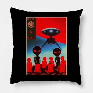 Vintage Anime Alien Invasion Retro Illustration - Nostalgic Cosmic Encounter Pillow